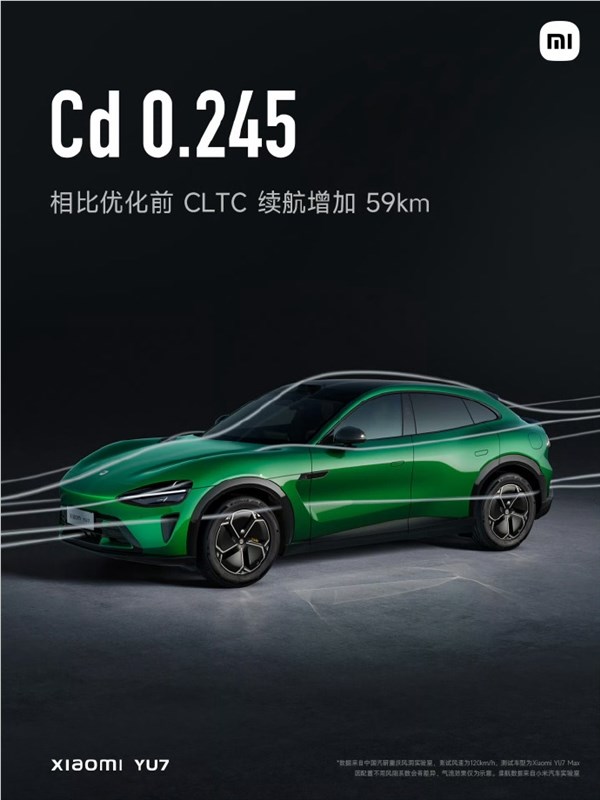 全车10组贯穿风道、40 组风阻优化！小米YU7风阻系数低至0.245